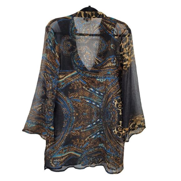 Venus Dress Sheer Peasant Resort Beaded V Mini Tunic Kaftan Paisley Brown Sz S/M - Picture 9 of 14